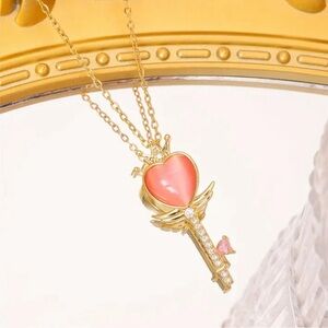 18K Gold Heart Key Pendant Necklace with Pink Cat Eye Stone & Rhinestones.